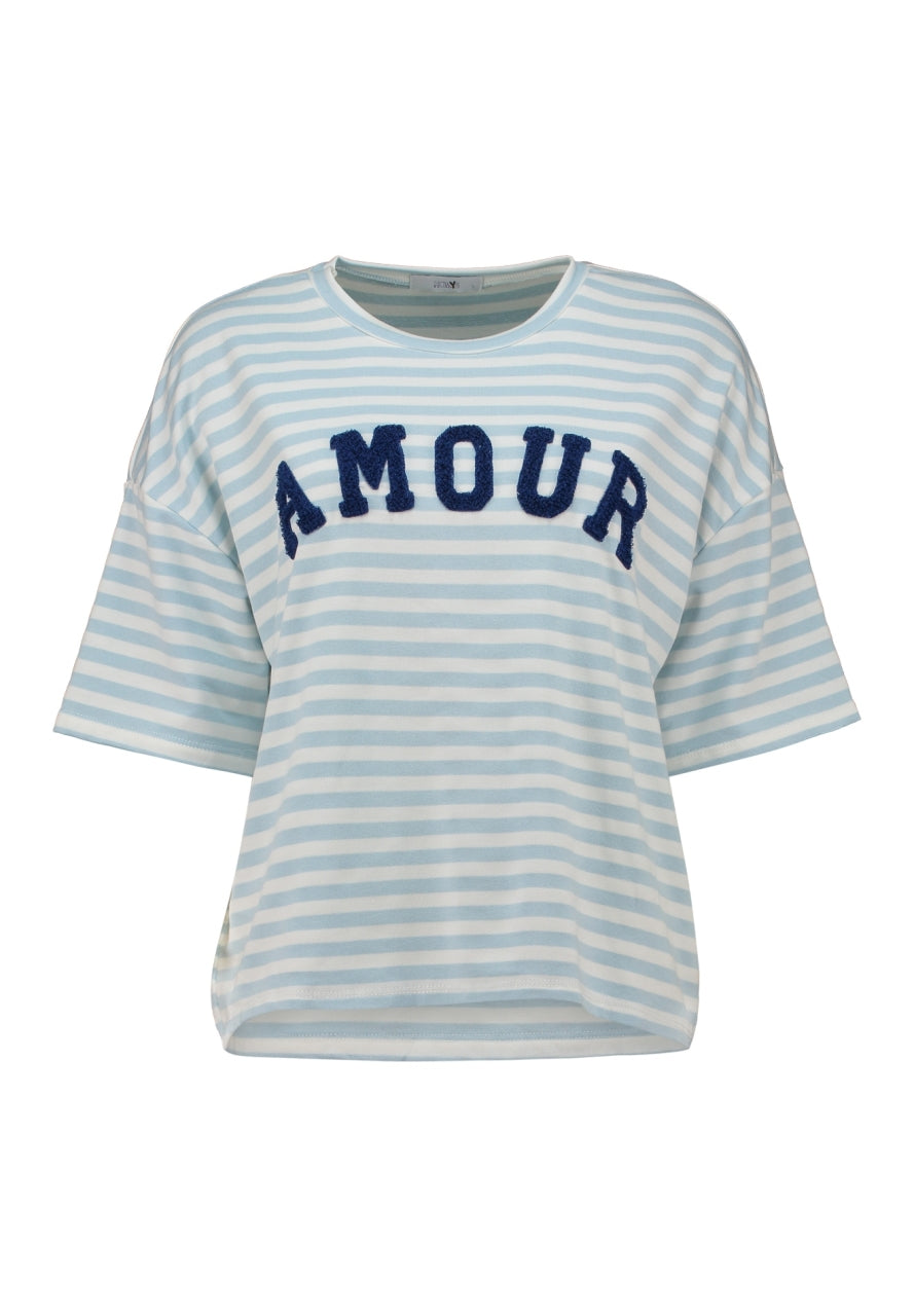 Hailys 1/2 T-Shirt Pa44li hellblau weiß gestreift Schriftzug Amour