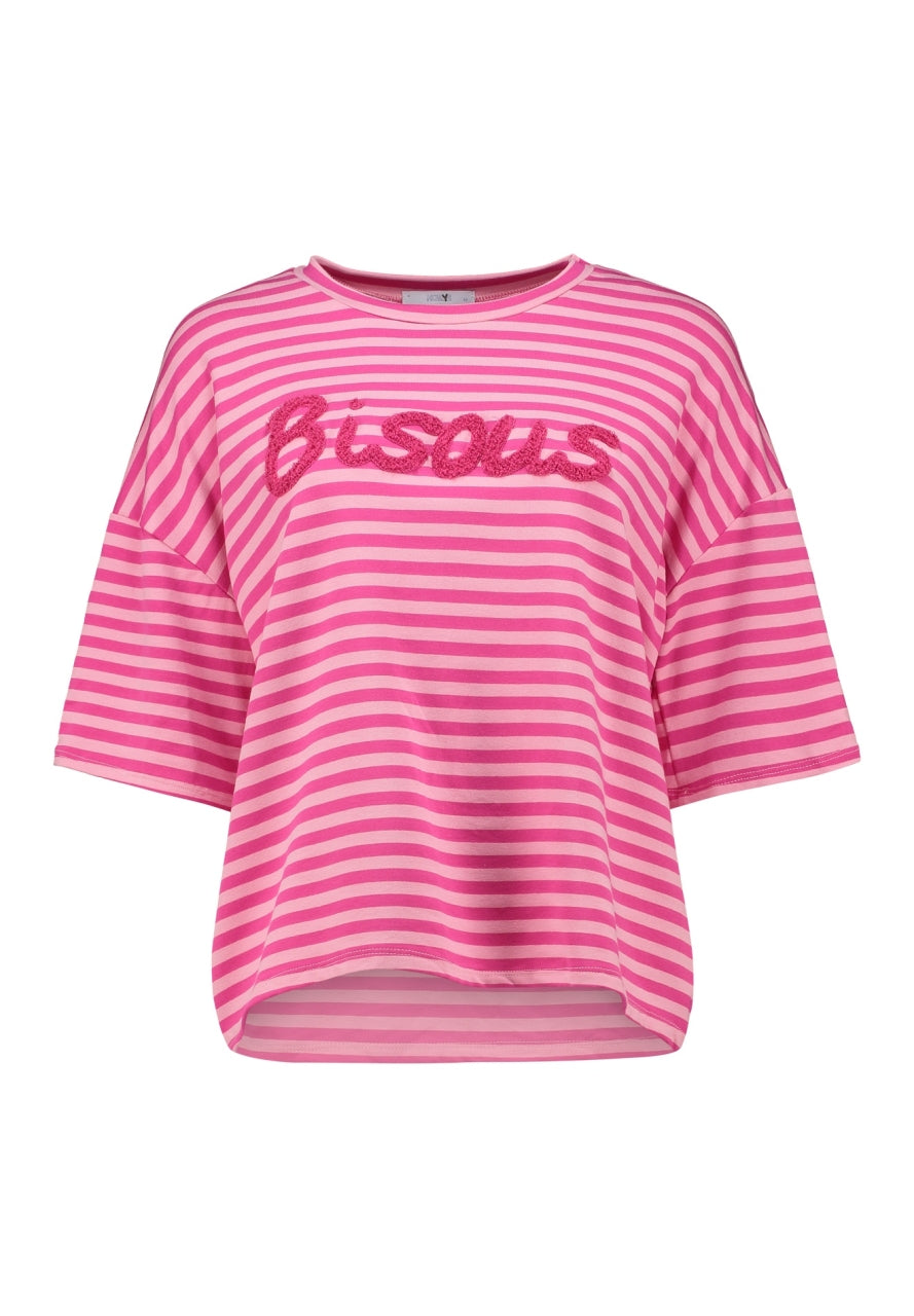 Hailys 1/2 T-Shirt Pa44li pink rosa gestreift Schriftzug Bisous