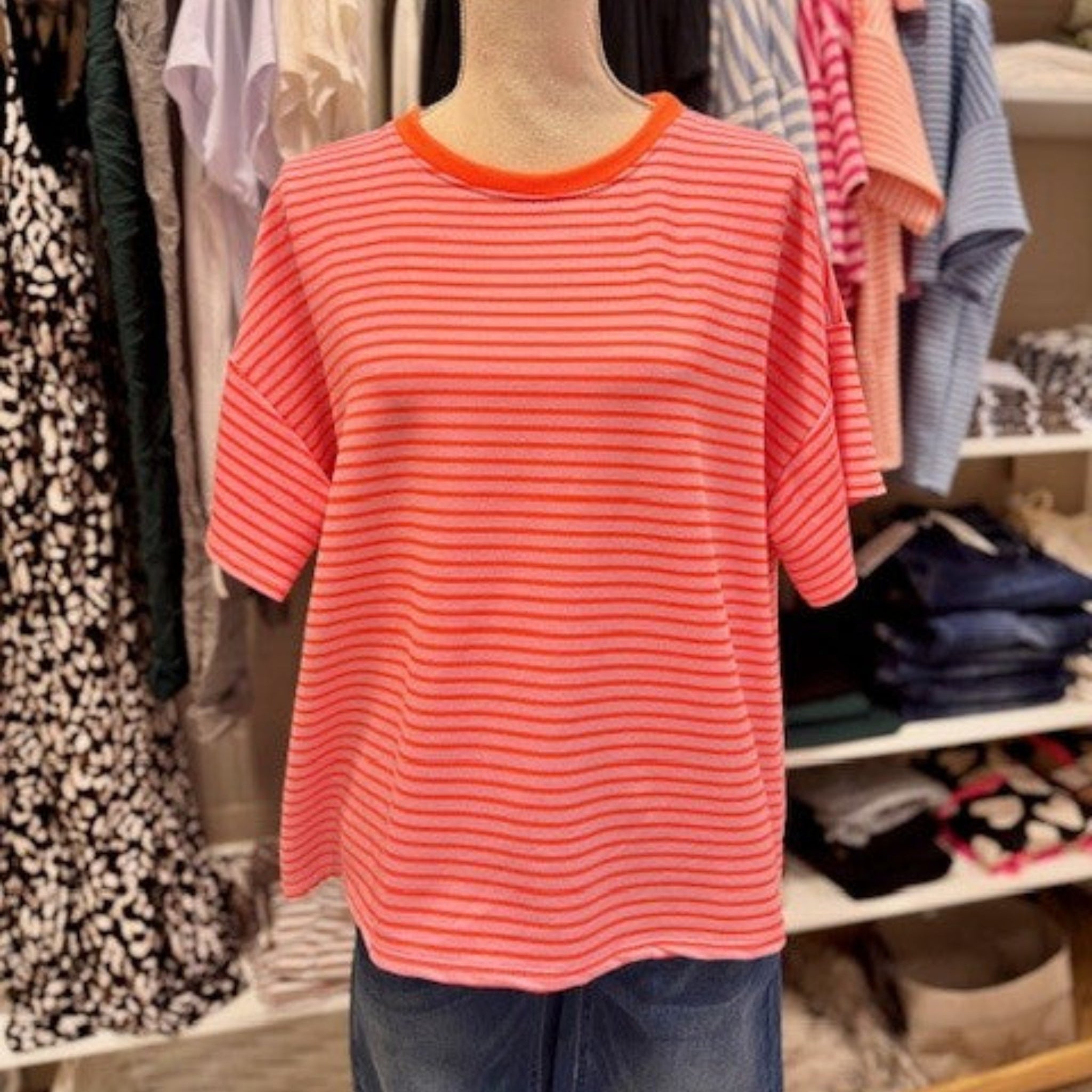 Amari T-Shirt kurzarm Neon Orange rosa gestreift